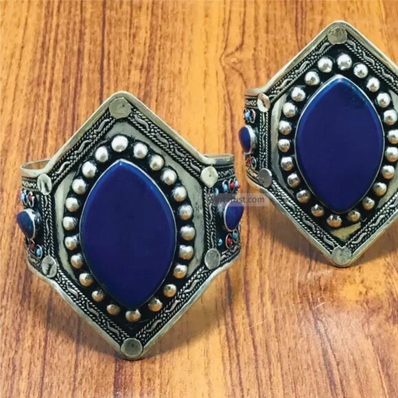 Lapis Lazuli Handmade Bracelet, Big Gemstone Bracelet, Ethnic Kuchi Statement - Picture 6 of 7